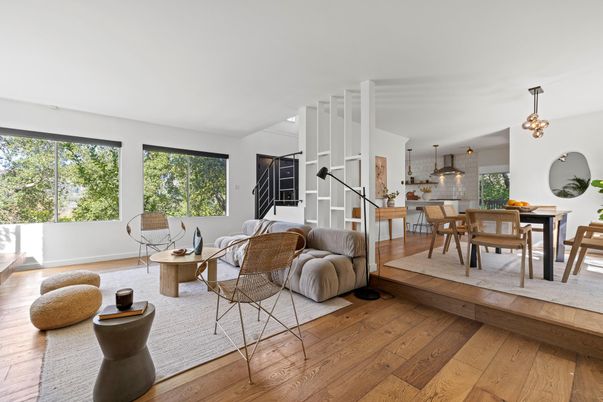 Dining room, Interior, Living room, Pendant Lights, Wood Texture Flooring
