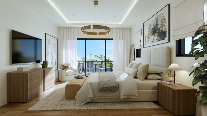 Bedroom, Interior, Pendant Lights, Recessed Lighting, Wood Texture Flooring