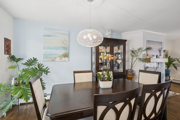 Dining room, Interior, Pendant Lights, Wood Texture Flooring