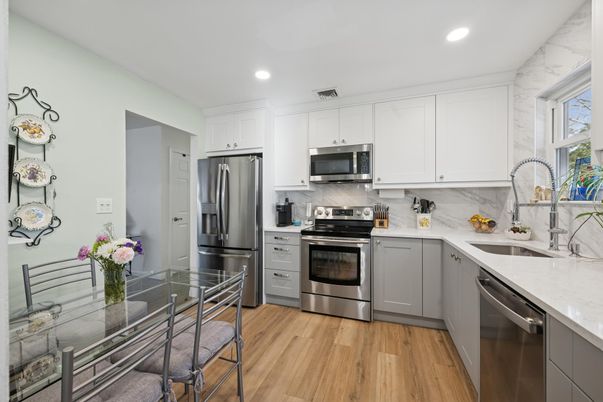 Interior, Kitchen, Recessed Lighting, Stainless Steel Appliances, Wood Texture Flooring