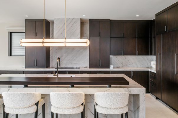 Interior, Kitchen, Marble Walls, Pendant Lights, Recessed Lighting, Stainless Steel Appliances