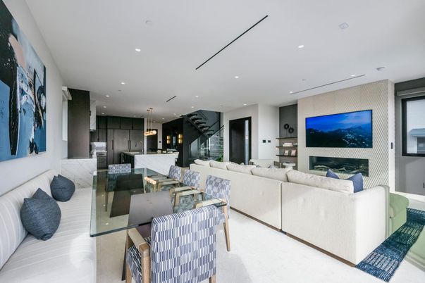 Dining room, Fireplace, Interior, Kitchen, Living room, Pendant Lights, Recessed Lighting, Stainless Steel Appliances