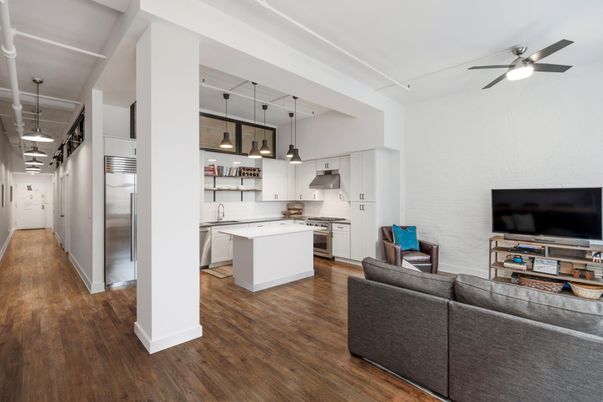 Interior, Kitchen, Pendant Lights, Stainless Steel Appliances, Wood Texture Flooring