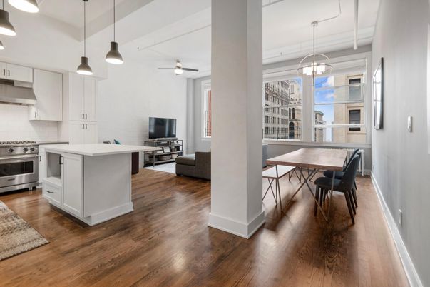 Dining room, Interior, Kitchen, Pendant Lights, Stainless Steel Appliances, Wood Texture Flooring