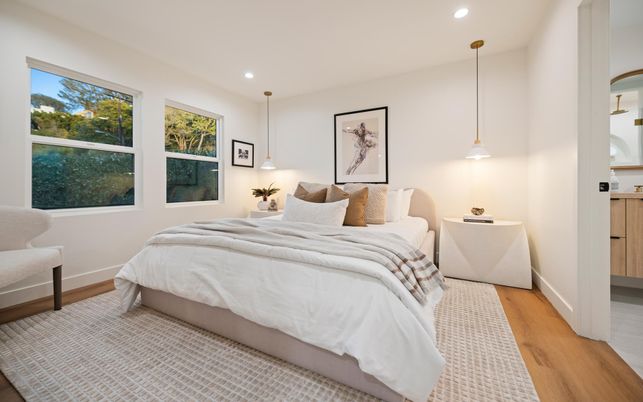 Bedroom, Interior, Pendant Lights, Recessed Lighting, Wood Texture Flooring