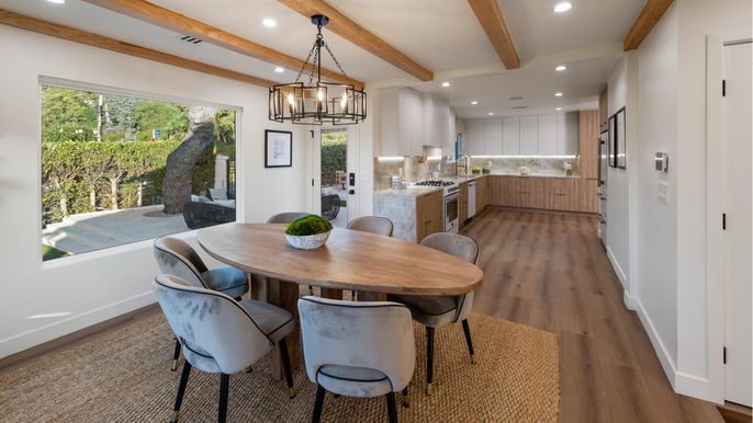 Dining room, Interior, Kitchen, Pendant Lights, Recessed Lighting, Stainless Steel Appliances, Wooden Beams, Wood Texture Flooring