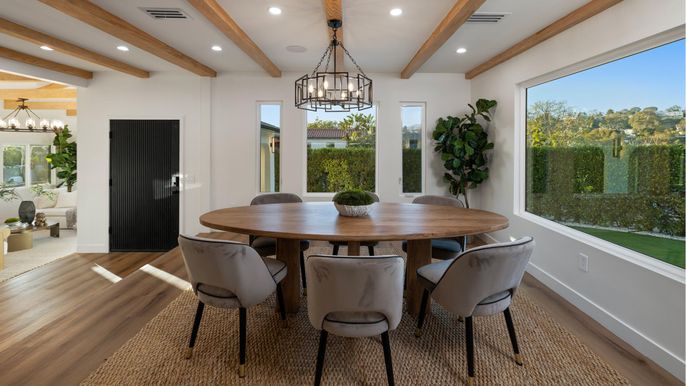 Chandelier, Dining room, Interior, Pendant Lights, Recessed Lighting, Wooden Beams, Wood Texture Flooring