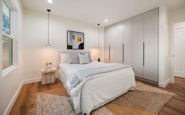 Bedroom, Interior, Pendant Lights, Recessed Lighting, Wood Texture Flooring