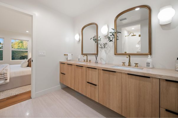 Bathroom, Dual Sink Vanities, Interior, Recessed Lighting, Wood Texture Flooring