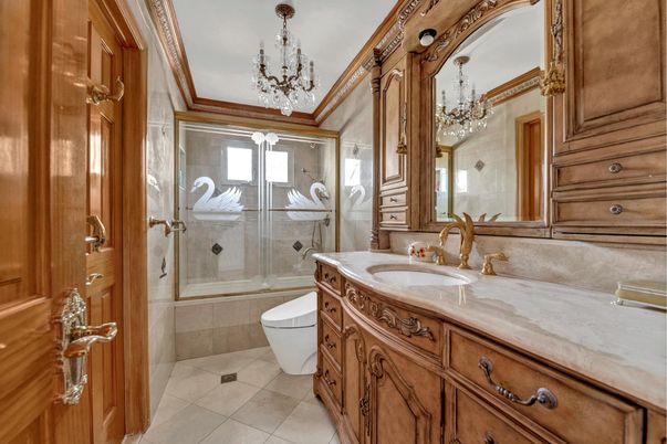 Bathroom, Chandelier, Glass Shower, Interior
