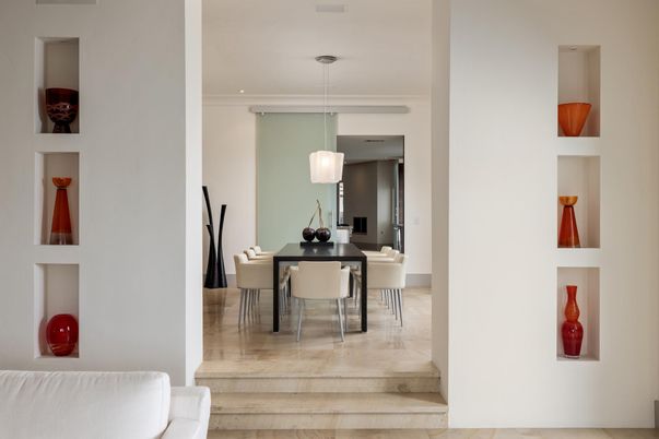 Dining room, Interior, Pendant Lights, Recessed Lighting, Wood Texture Flooring