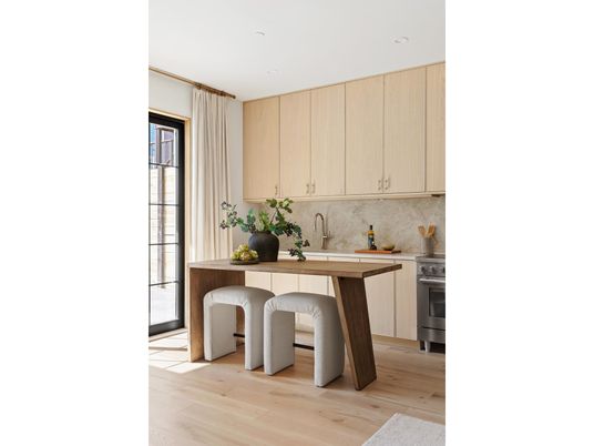 Dining room, Interior, Kitchen, Recessed Lighting, Stainless Steel Appliances, Wood Texture Flooring