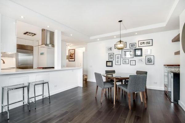 Dining room, Interior, Kitchen, Pendant Lights, Recessed Lighting, Stainless Steel Appliances, Wood Texture Flooring