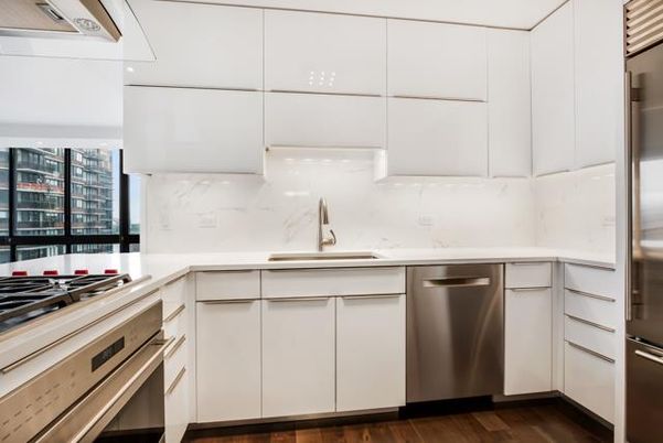 Interior, Kitchen, Marble Walls, Stainless Steel Appliances, Wood Texture Flooring