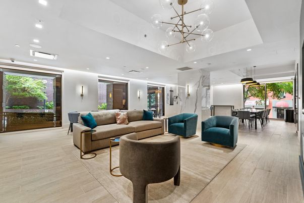 Dining room, Interior, Living room, Pendant Lights, Recessed Lighting, Wood Texture Flooring