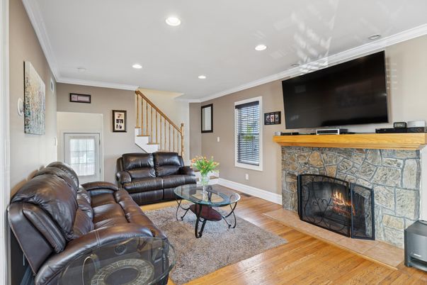 Fireplace, Interior, Living room, Recessed Lighting, Wood Texture Flooring