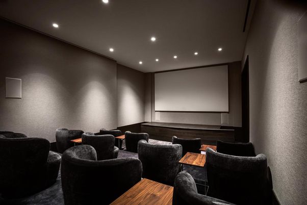 Interior, Projection Screen, Recessed Lighting, Theatre Room, Wood Texture Flooring