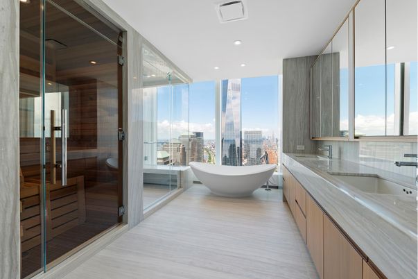 Bathroom, Dual Sink Vanities, Free Standing Baths, Glass Shower, Interior, Recessed Lighting, Wood Texture Flooring