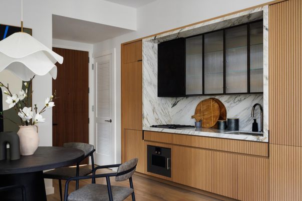 Interior, Marble Walls, Wood Texture Flooring