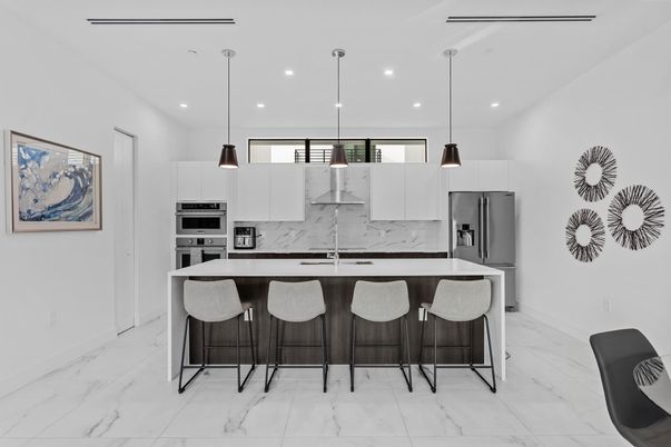 Interior, Kitchen, Marble, Pendant Lights, Recessed Lighting, Stainless Steel Appliances