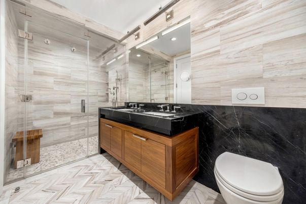Bathroom, Glass Shower, Interior, Marble, Marble Walls, Recessed Lighting