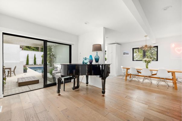 Dining room, Interior, Pendant Lights, Piano, Wood Texture Flooring