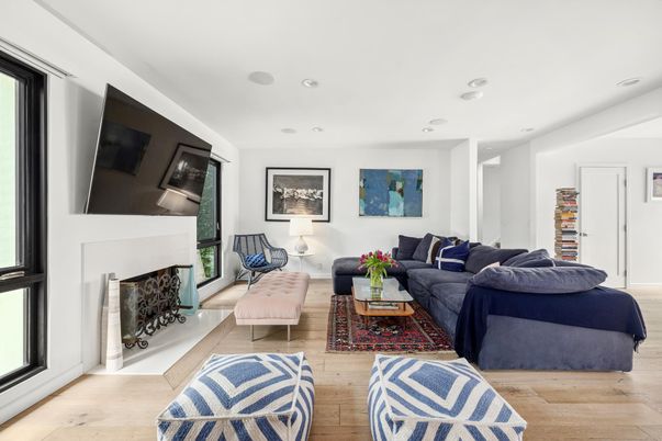 Fireplace, Interior, Living room, Recessed Lighting, Wood Texture Flooring