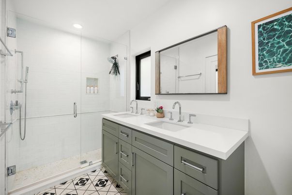 Bathroom, Dual Sink Vanities, Glass Shower, Interior, Recessed Lighting