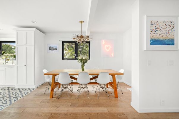 Dining room, Interior, Pendant Lights, Wood Texture Flooring