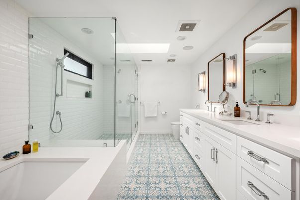 Bathroom, Dual Sink Vanities, Glass Shower, Interior, Recessed Lighting