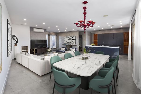 Chandelier, Dining room, Fireplace, Interior, Kitchen, Living room, Recessed Lighting
