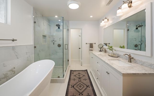 Bathroom, Dual Sink Vanities, Free Standing Baths, Glass Shower, Interior, Marble Walls, Recessed Lighting