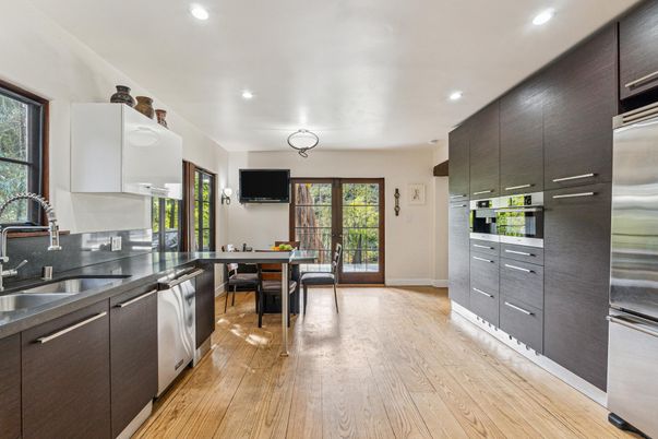 Dining room, Interior, Kitchen, Recessed Lighting, Stainless Steel Appliances, Wood Texture Flooring