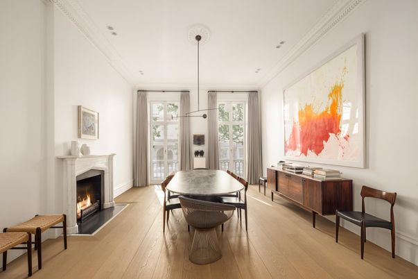 Dining room, Fireplace, Interior, Pendant Lights, Recessed Lighting, Wood Texture Flooring