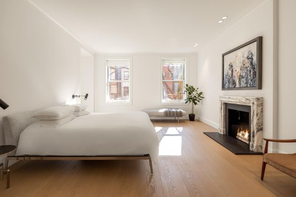 Bedroom, Fireplace, Interior, Recessed Lighting, Wood Texture Flooring