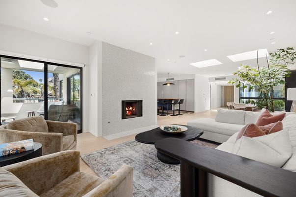 Dining room, Fireplace, Interior, Living room, Pendant Lights, Recessed Lighting, Wood Texture Flooring