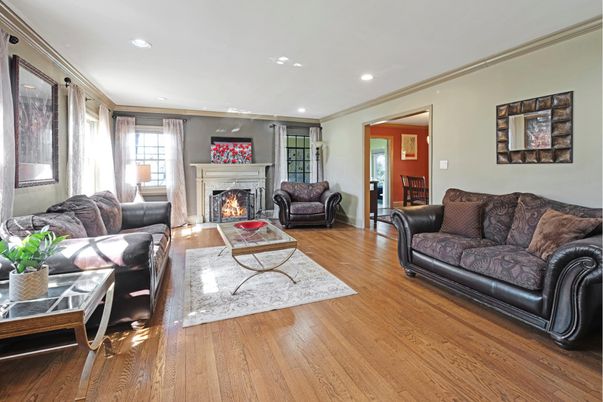 Fireplace, Interior, Living room, Recessed Lighting, Wood Texture Flooring