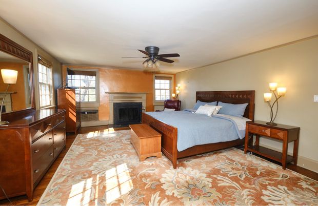 Bedroom, Fireplace, Interior, Wood Texture Flooring