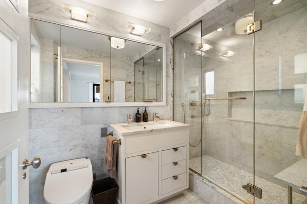 Bathroom, Glass Shower, Interior, Marble Walls, Recessed Lighting