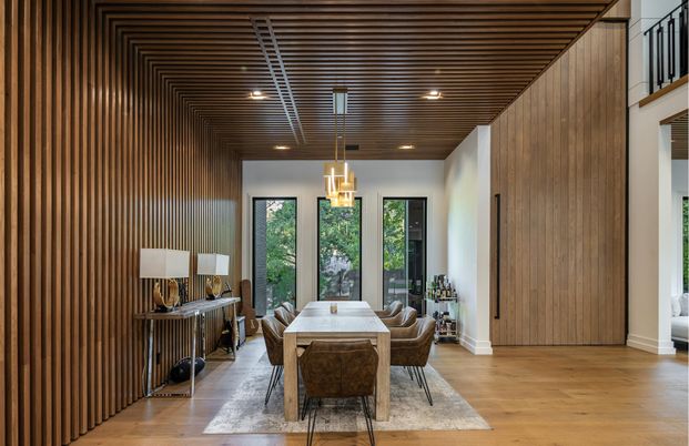 Dining room, Interior, Pendant Lights, Recessed Lighting, Wood Texture Flooring
