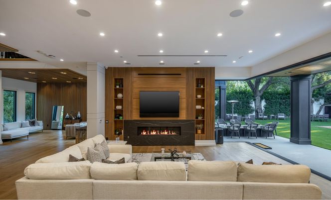 Fireplace, Interior, Living room, Recessed Lighting, Wood Texture Flooring