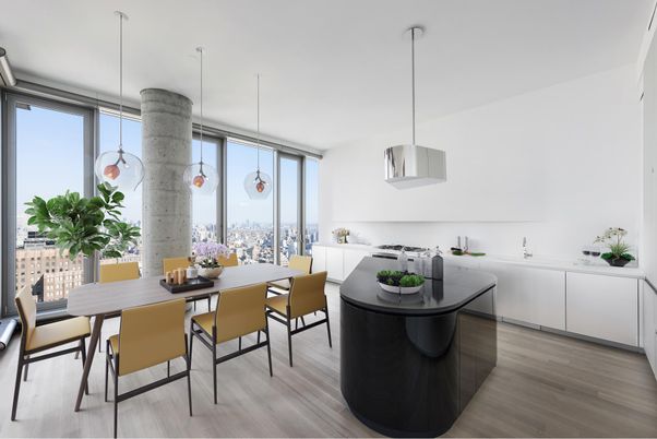 Dining room, Interior, Kitchen, Pendant Lights, Wood Texture Flooring