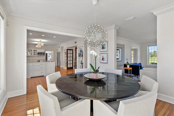 Dining room, Interior, Pendant Lights, Recessed Lighting, Wood Texture Flooring