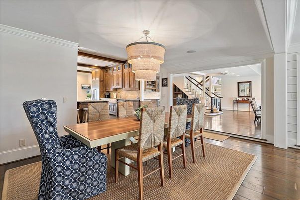 Chandelier, Dining room, Interior, Kitchen, Recessed Lighting, Wood Texture Flooring