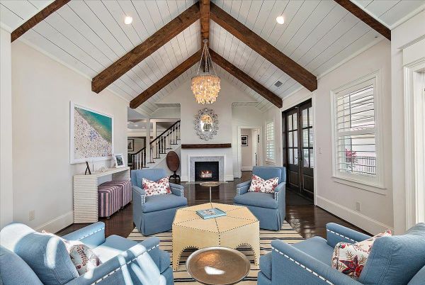 Chandelier, Fireplace, Interior, Living room, Recessed Lighting, Wooden Beams, Wood Texture Flooring