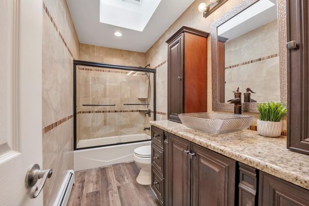 Bathroom, Glass Shower, Interior, Recessed Lighting, Wood Texture Flooring