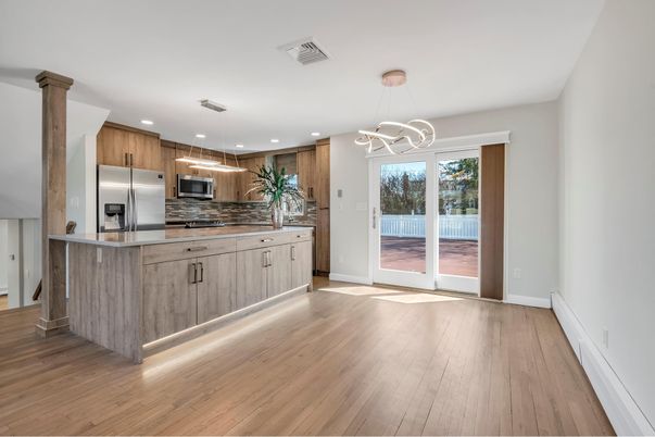 Interior, Kitchen, Pendant Lights, Recessed Lighting, Stainless Steel Appliances, Wood Texture Flooring