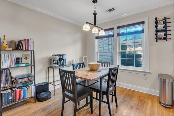 Dining room, Interior, Pendant Lights, Wood Texture Flooring