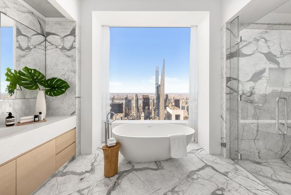 Bathroom, Free Standing Baths, Glass Shower, Interior, Marble, Marble Walls