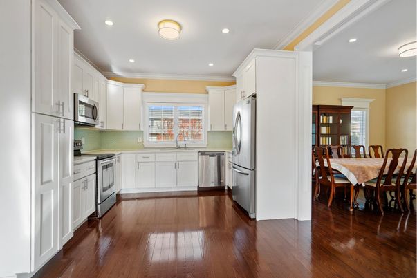 Dining room, Interior, Kitchen, Recessed Lighting, Stainless Steel Appliances, Wood Texture Flooring